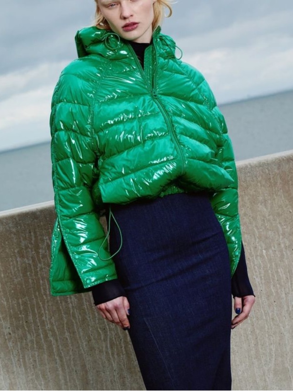 ZARA PUFFER HOOD WATER-REPELLENT QUILTED JACKET GREEN